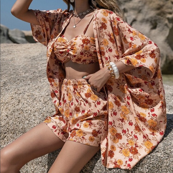 Boho Bohemian Tropical Paisley Floral Print Cami bra Top Kimono Shorts Set - Picture 3 of 6